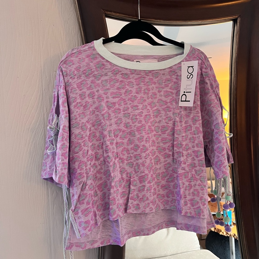 PITUSA TOP SZ STANDARD CHEETAH PINK LAVENDER CROP WITH TASSEL TIES ON SLEEVES